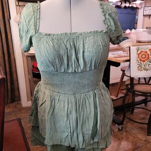 Cider Sage Green Smocked Square-Neck Peplum Romper